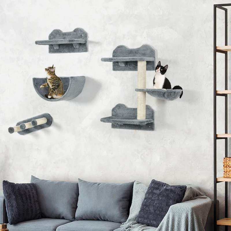 PawHut Cat Wall Shelves, 3PCs Cat Shelves with Hammock, Scratching Post, 3 Steps, Jumping Platforms, Wall Mounted Cat Climber, Grey