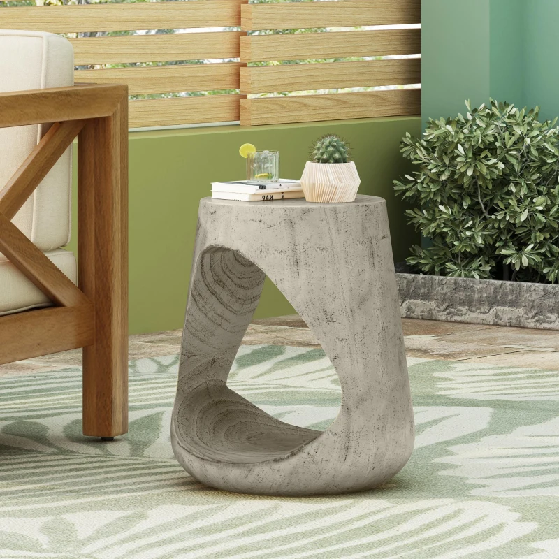 Hollow Side Table with Realistic Wood-Grain Texture, Pet-Friendly End Table with Weather-Resistant Composite, 14.5" L x 14.5" W x 16.5" H, Grey