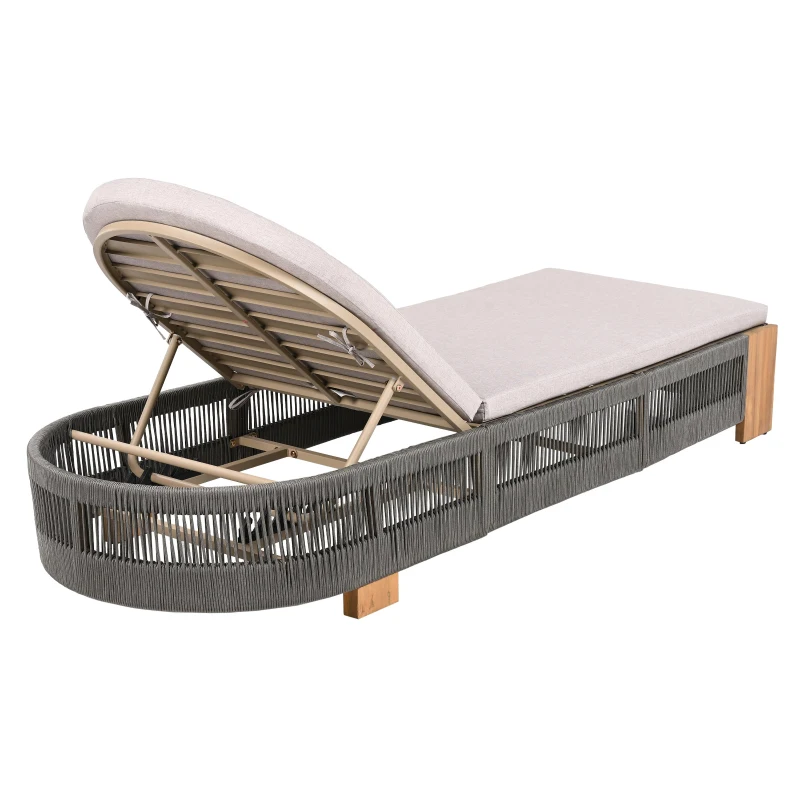 Outdoor Chaise Lounge Chair with Water-Resistant Cushion, Durable Sun Lounger with Rope Detailing, 79.5" L x 28.5" W x 12" H, Grey+Natural+Teak