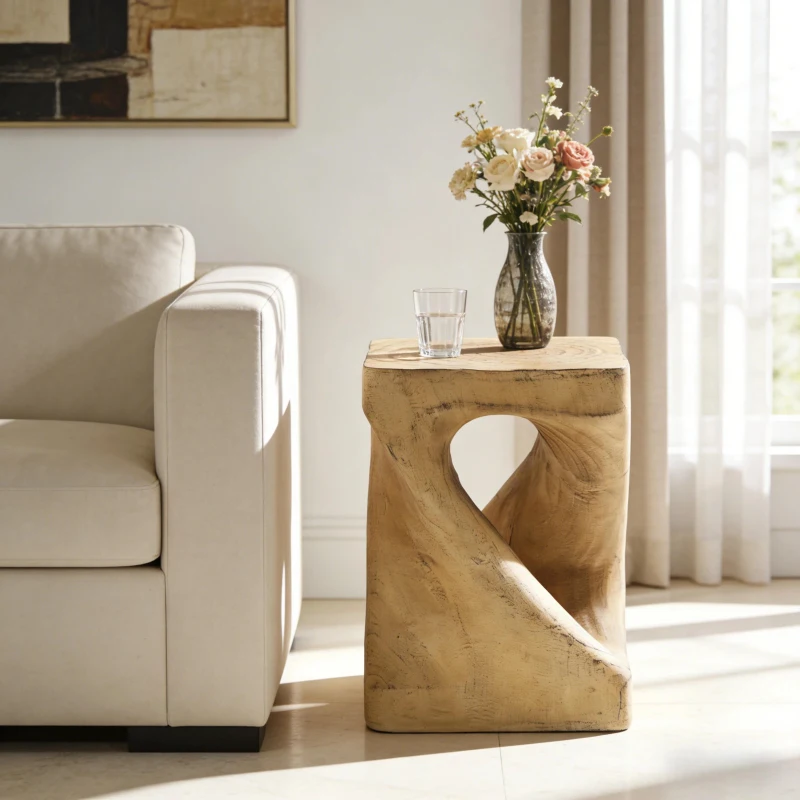 Twisted Hourglass Accent Side Table with MGO Composite, All-Weather End Table with UV-/Water-Resistant Finish, 11.5" L x 11.5" W x 16" H, Natural