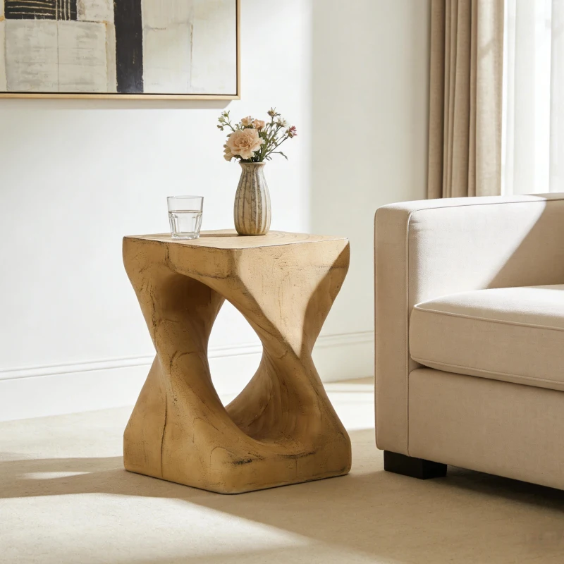 Twisted Hourglass Accent Side Table with MGO Composite, All-Weather End Table with UV-/Water-Resistant Finish, 11.5" L x 11.5" W x 16" H, Natural
