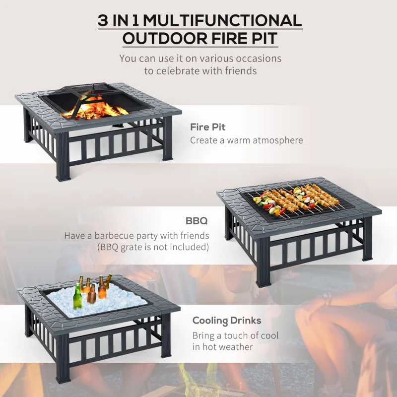 Outsunny 34" Outdoor Fire Pit Square Steel Wood Burning Firepit Bowl with Spark Screen, Waterproof Cover, Log Grate, Poker for Backyard, Camping, BBQ, Bonfire