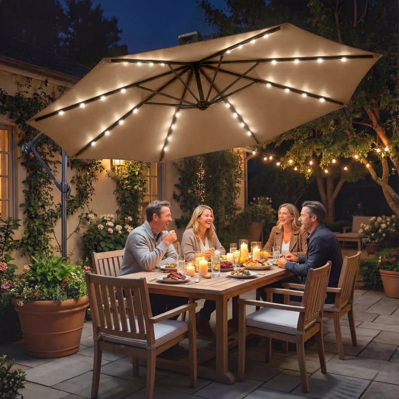 Outsunny 9.7 ft Cantilever Patio Umbrella with Solar Light, Garden Hanging Parasol with Cover, Tilt, Crank, Khaki