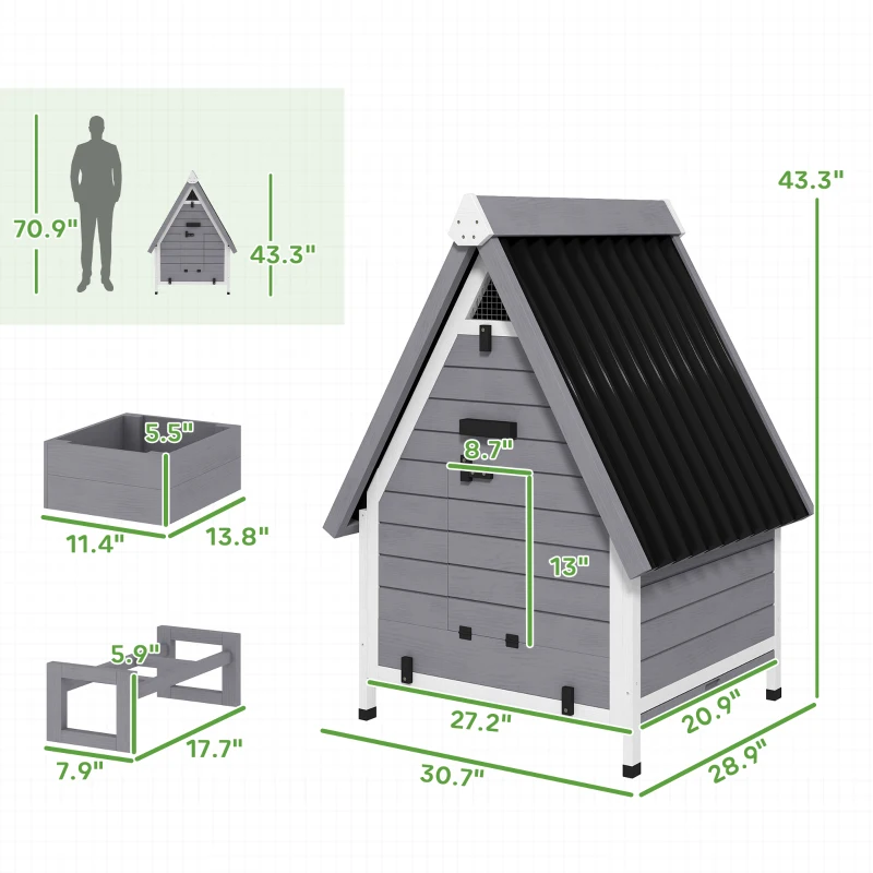PawHut Chicken Coop for 2 Chickens, Outdoor Wooden Chicken House with Removable Nesting Box & Roosting Bar, Tray, Ramp