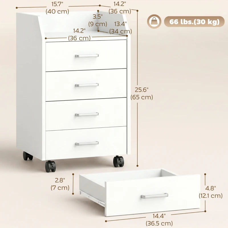 HOMCOM 4-Drawer Vertical Mobile Filing Cabinet, File Cabinet with Lockable Wheels for Home Office, White
