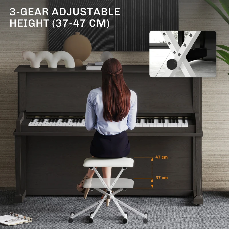 HOMCOM Adjustable Piano Bench, X-Style Folding Piano Stool with Padded Seat, Non-Slip Rubber Feet, Keyboard Chair, White