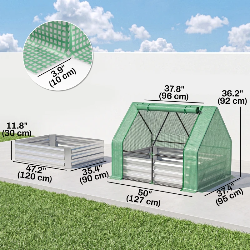 Outsunny Steel Outdoor Raised Garden Bed with Greenhouse,Cover, Roll Up Door, Dual Use, 50"x37.4"x36.2", Green