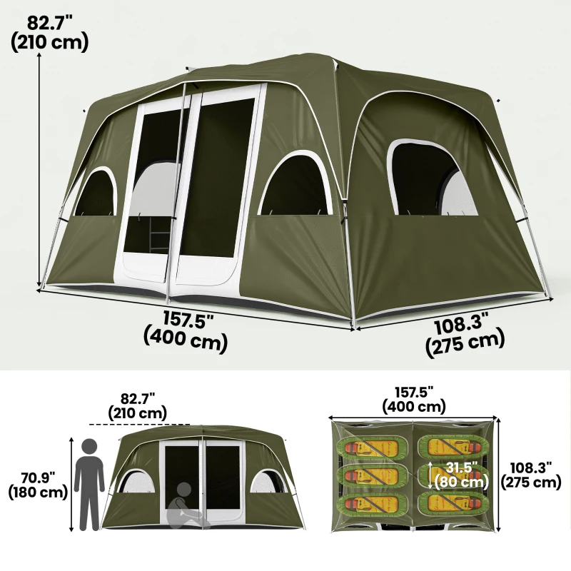 Outsunny 4-8 Person Family Tent, Camping Tent with 2 Room Mesh Windows, Easy Set Up for Backpacking, Hiking, Outdoor, Dark Green