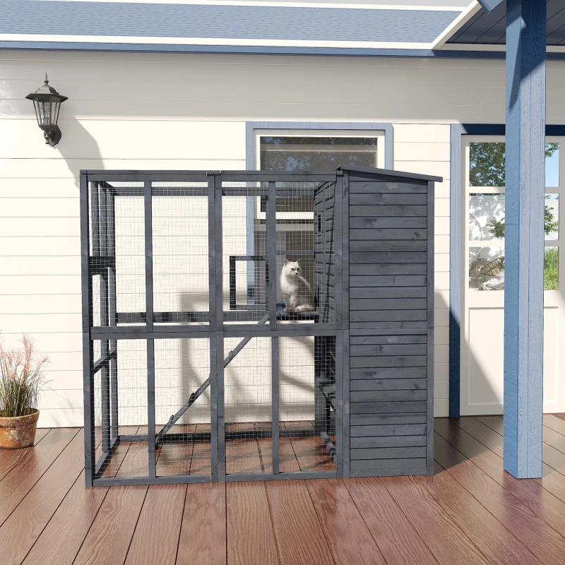 PawHut Large Cat House Outdoor Catio Wooden Feral Cat Shelter, Kitten Enclosure with Door, Cat Condo and Weather Protection Asphalt Roof, 77" L, Gray