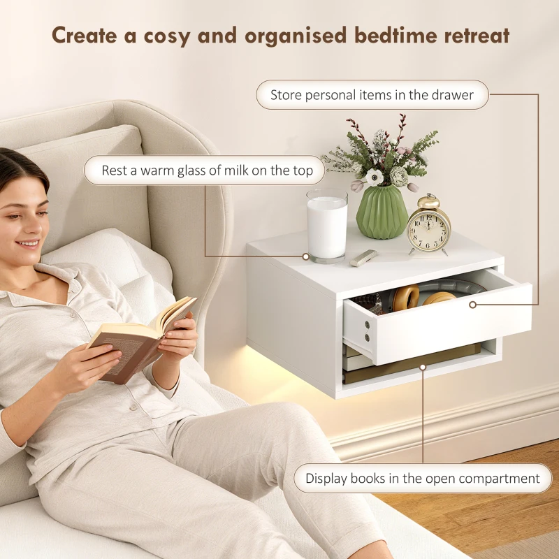 HOMCOM Floating Bedside Table Set of 2 with RGB LED Lights App Control