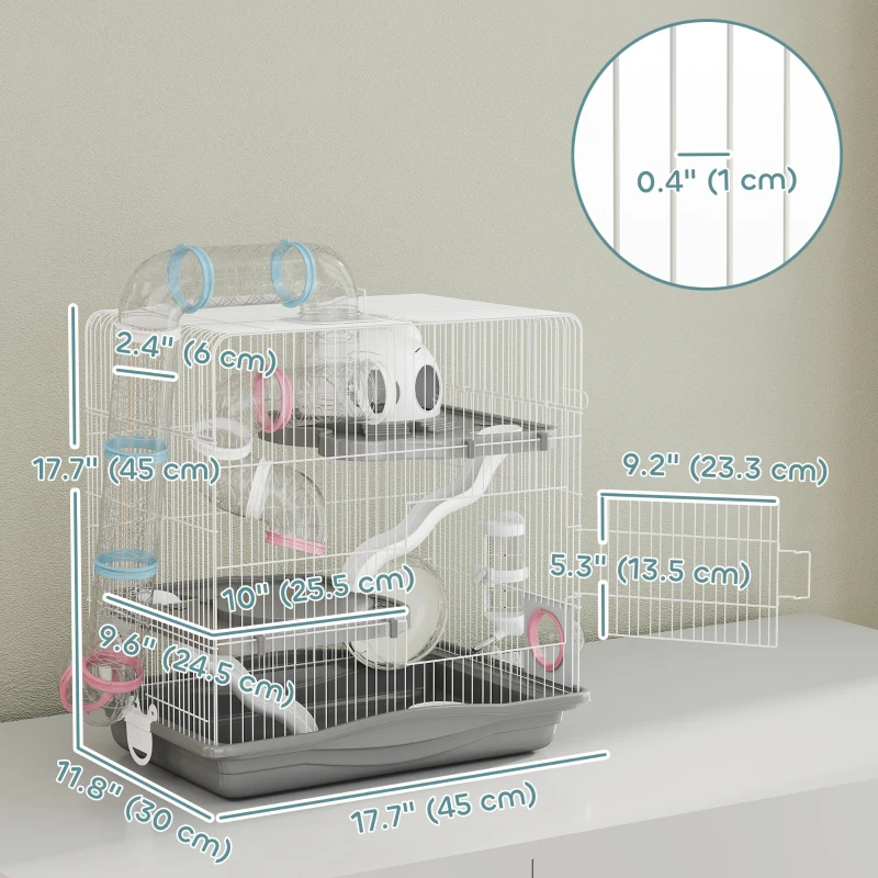 PawHut 3-Tier Hamster Cage, Portable Gerbil Cage with Exercise Wheels, Water Bottle, Food Dish, for Dwarf Hamsters, Mouse, Grey