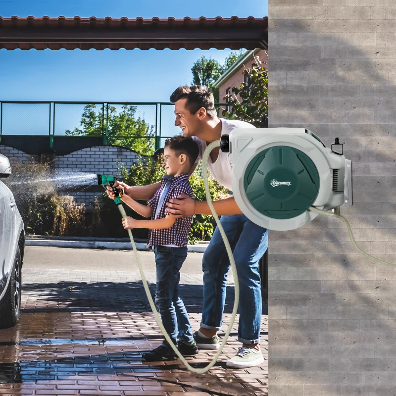 Outsunny 1/2 in x 65ft Wall Mounted Garden Hose Reel, Retractable Water Hose Reel with Auto Rewind, Any Length Lock, Green