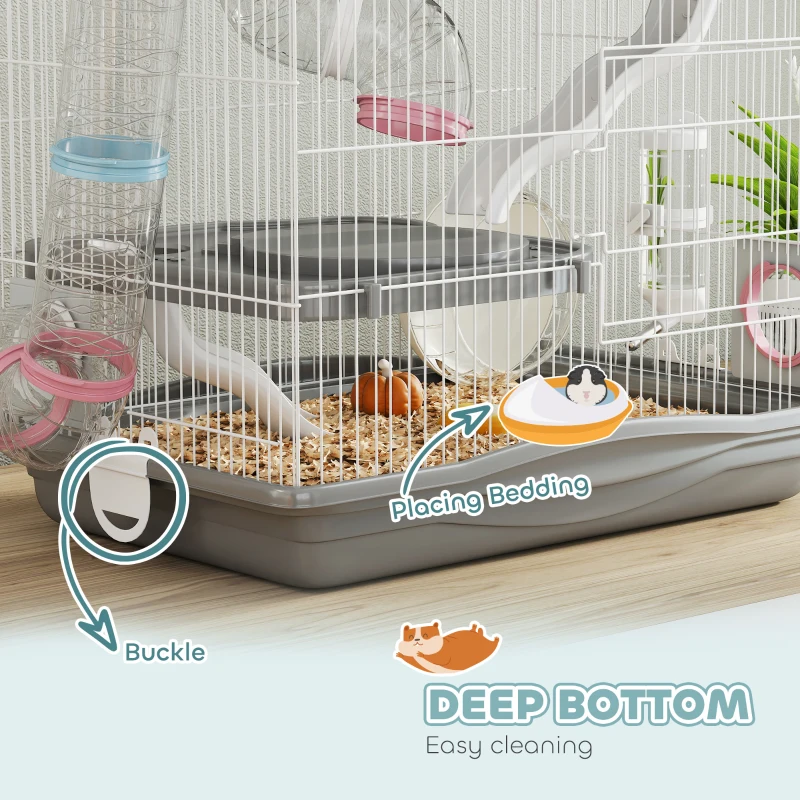 PawHut 3-Tier Hamster Cage, Portable Gerbil Cage with Exercise Wheels, Water Bottle, Food Dish, for Dwarf Hamsters, Mouse, Grey