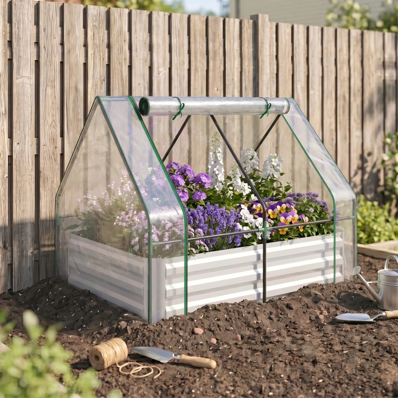 Outsunny Steel Raised Garden Bed with Cover and Roll Up Door, Dual Use, 50"x37.4" Outdoor Greenhouse, Clear