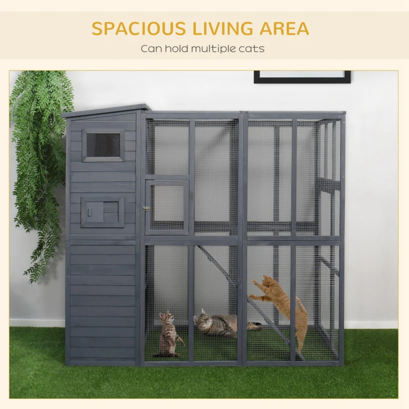 PawHut Large Cat House Outdoor Catio Wooden Feral Cat Shelter, Kitten Enclosure with Door, Cat Condo and Weather Protection Asphalt Roof, 77" L, Gray