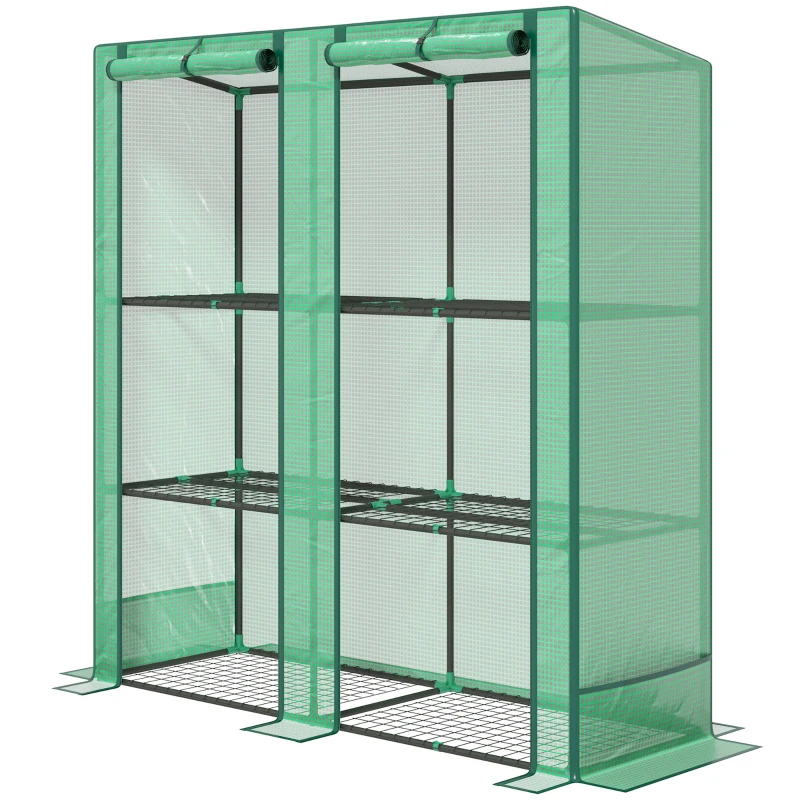 Outsunny Lean-to Greenhouse with 3 Tier Shelves, Mini Greenhouse with 2 Roll-Up Doors for Indoor Outdoor, Green