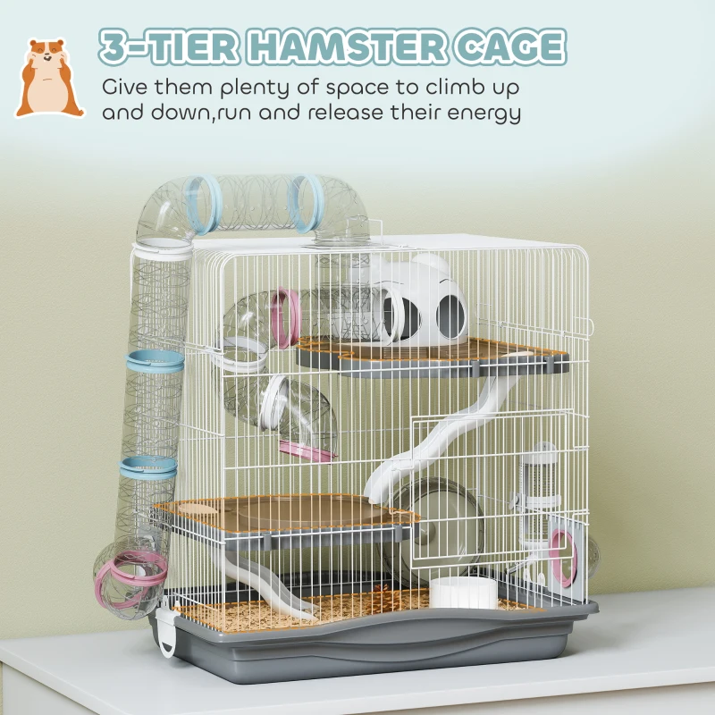 PawHut 3-Tier Hamster Cage, Portable Gerbil Cage with Exercise Wheels, Water Bottle, Food Dish, for Dwarf Hamsters, Mouse, Grey