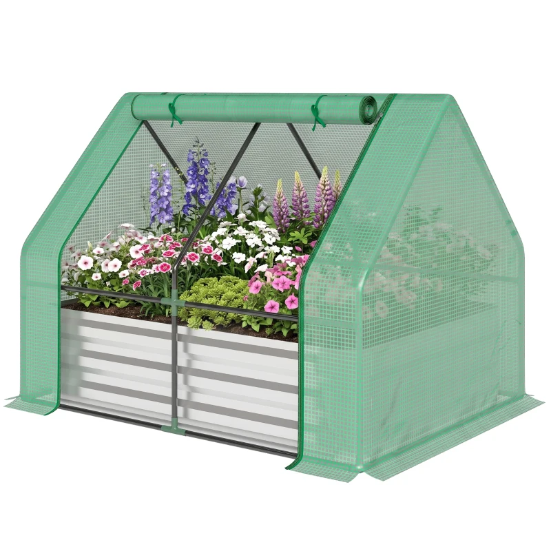 Outsunny Steel Outdoor Raised Garden Bed with Greenhouse,Cover, Roll Up Door, Dual Use, 50"x37.4"x36.2", Green