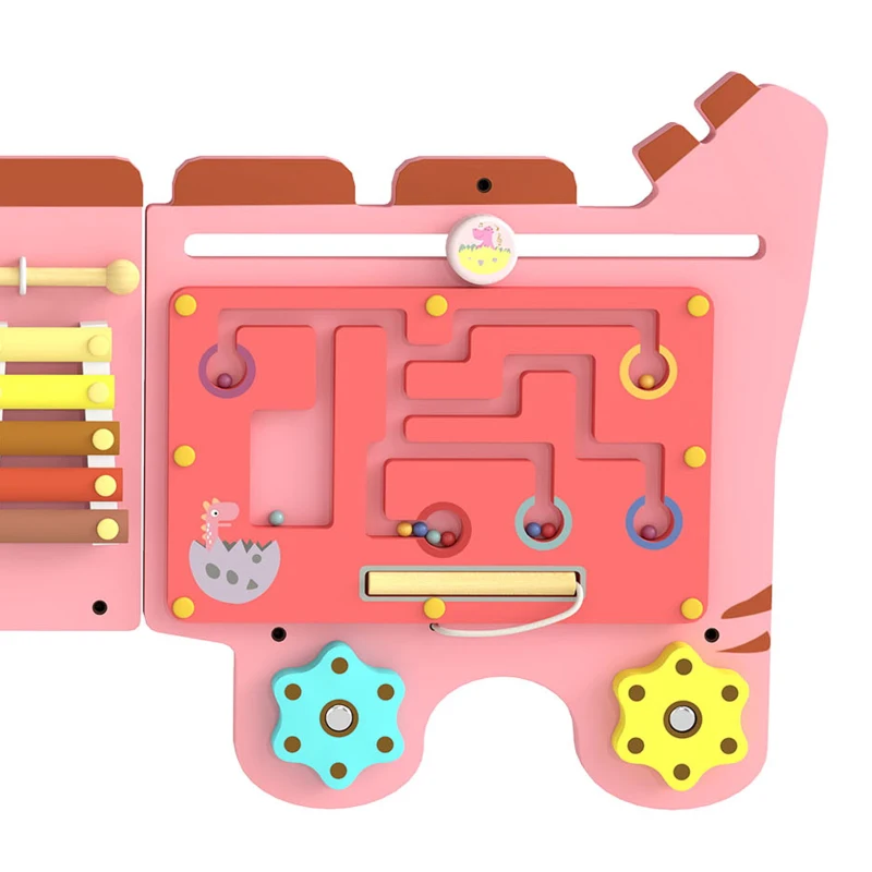 Qaba Busy Board Panels wall mounted Montessori Sensory Toys dinosaur center 87 x 52 x 5.5 cm Pink