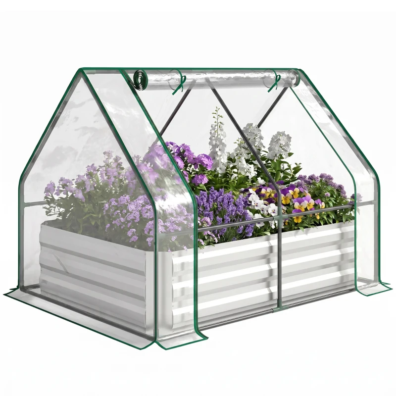 Outsunny Steel Raised Garden Bed with Cover and Roll Up Door, Dual Use, 50"x37.4" Outdoor Greenhouse, Clear