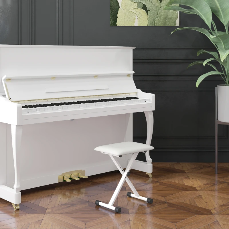 HOMCOM Adjustable Piano Bench, X-Style Folding Piano Stool with Padded Seat, Non-Slip Rubber Feet, Keyboard Chair, White
