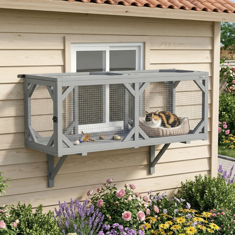 PawHut Cat Tunnel, Wooden Catio Outdoor Cat Enclosure with 2 Doors and Extendable Design, Wall-Mounted Pet Run