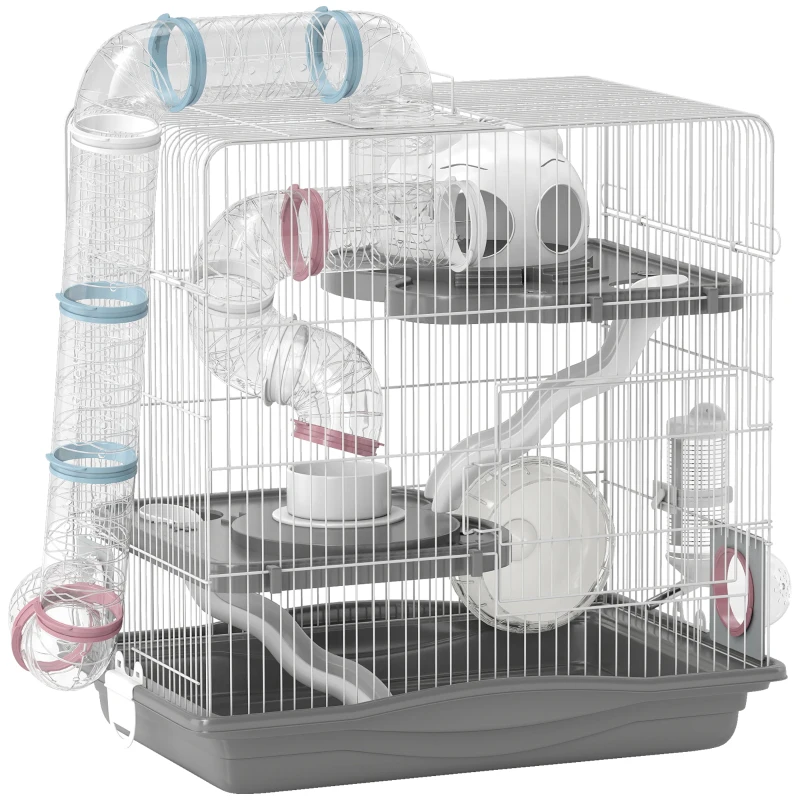 PawHut 3-Tier Hamster Cage, Portable Gerbil Cage with Exercise Wheels, Water Bottle, Food Dish, for Dwarf Hamsters, Mouse, Grey