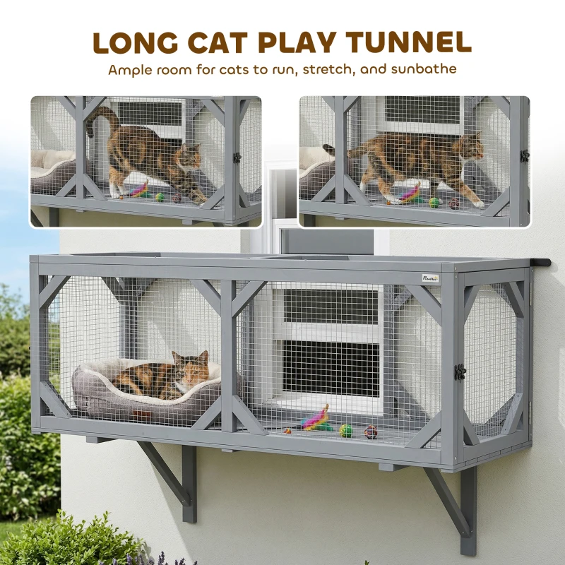 PawHut Cat Tunnel, Wooden Catio Outdoor Cat Enclosure with 2 Doors and Extendable Design, Wall-Mounted Pet Run