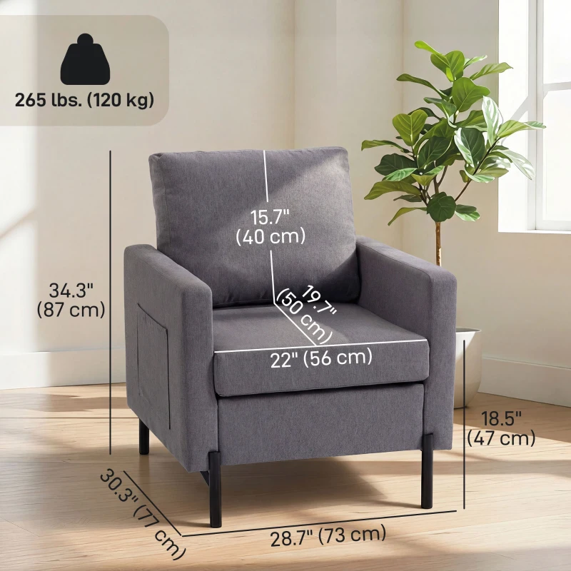 HOMCOM Accent Chair Modern Upholstered Armchair with Side Pockets and Cushion for Bedroom, Living Room, Dark Grey