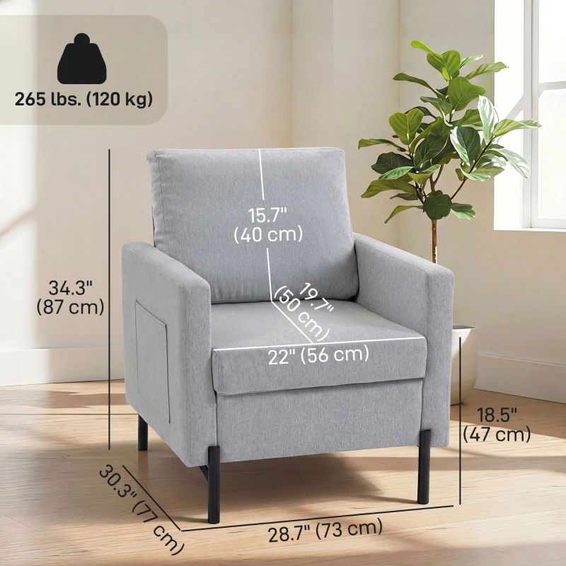 HOMCOM Accent Chair Modern Upholstered Armchair with Side Pockets and Cushion for Bedroom, Living Room, Light Grey