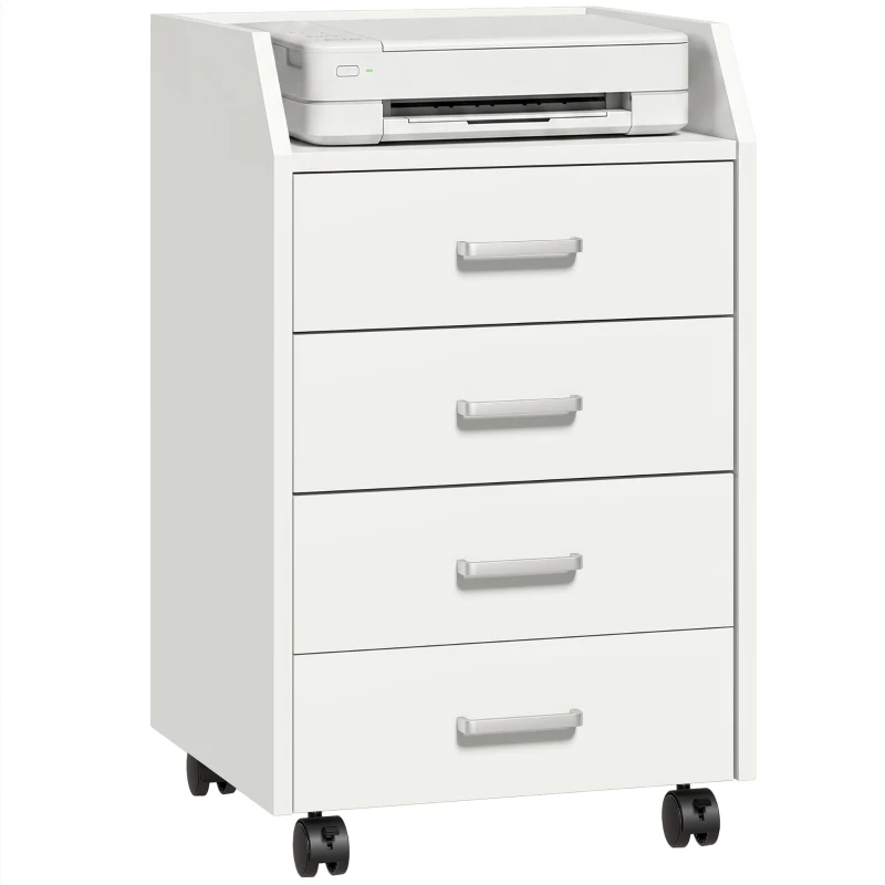 HOMCOM 4-Drawer Vertical Mobile Filing Cabinet, File Cabinet with Lockable Wheels for Home Office, White