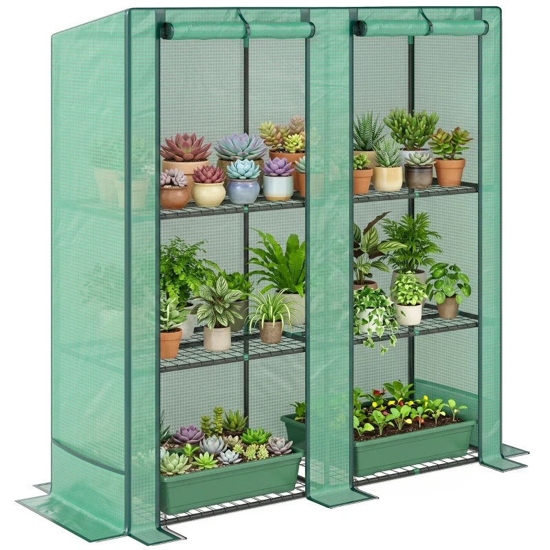 Outsunny Lean-to Greenhouse with 3 Tier Shelves, Mini Greenhouse with 2 Roll-Up Doors for Indoor Outdoor, Green