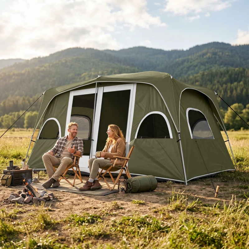 Outsunny 4-8 Person Family Tent, Camping Tent with 2 Room Mesh Windows, Easy Set Up for Backpacking, Hiking, Outdoor, Dark Green