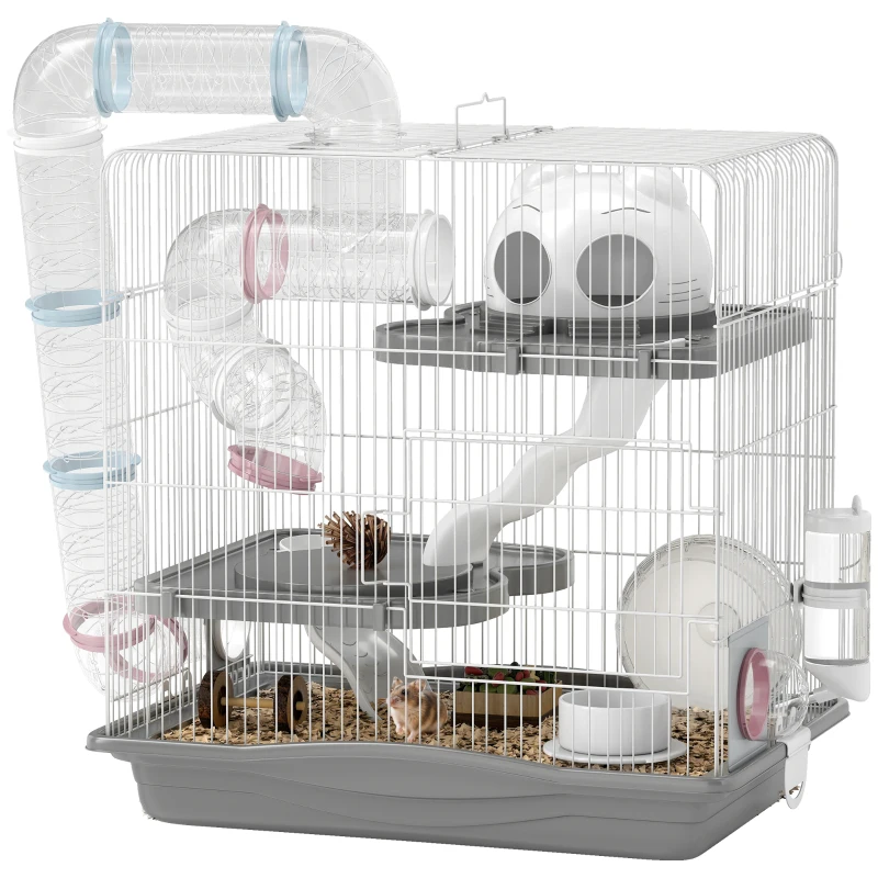 PawHut 3-Tier Hamster Cage, Portable Gerbil Cage with Exercise Wheels, Water Bottle, Food Dish, for Dwarf Hamsters, Mouse, Grey