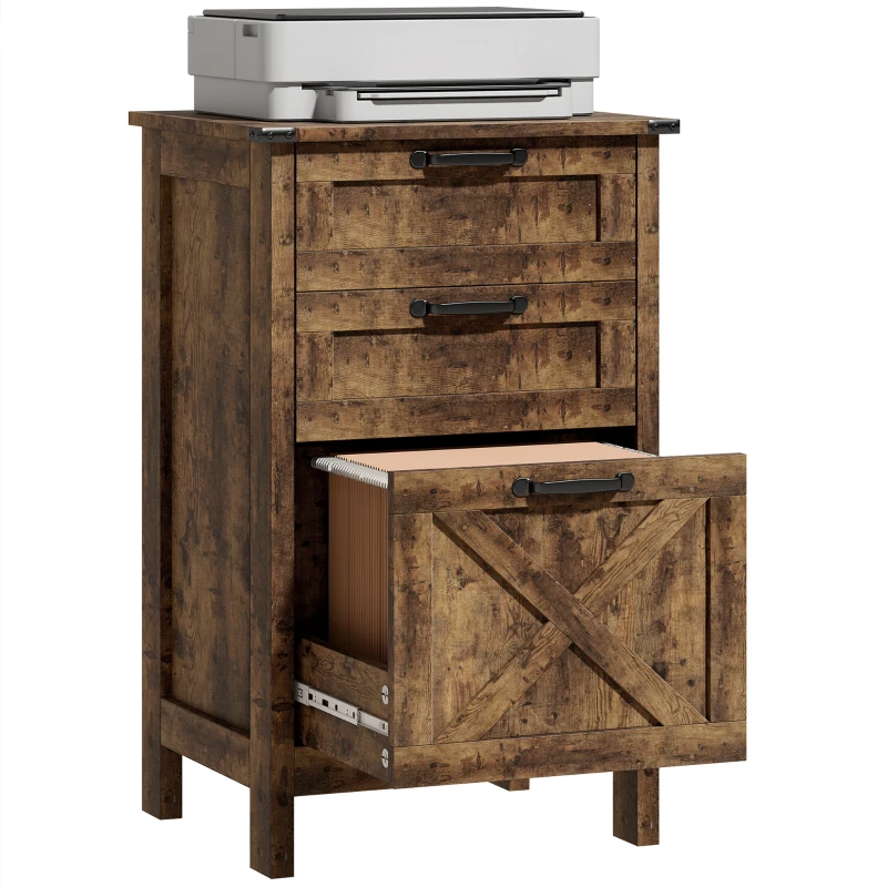 HOMCOM Vertical File Cabinet with 3 Drawers, Rustic Farmhouse Office Storage Cabinet for A4, Letter Size, Rustic Brown