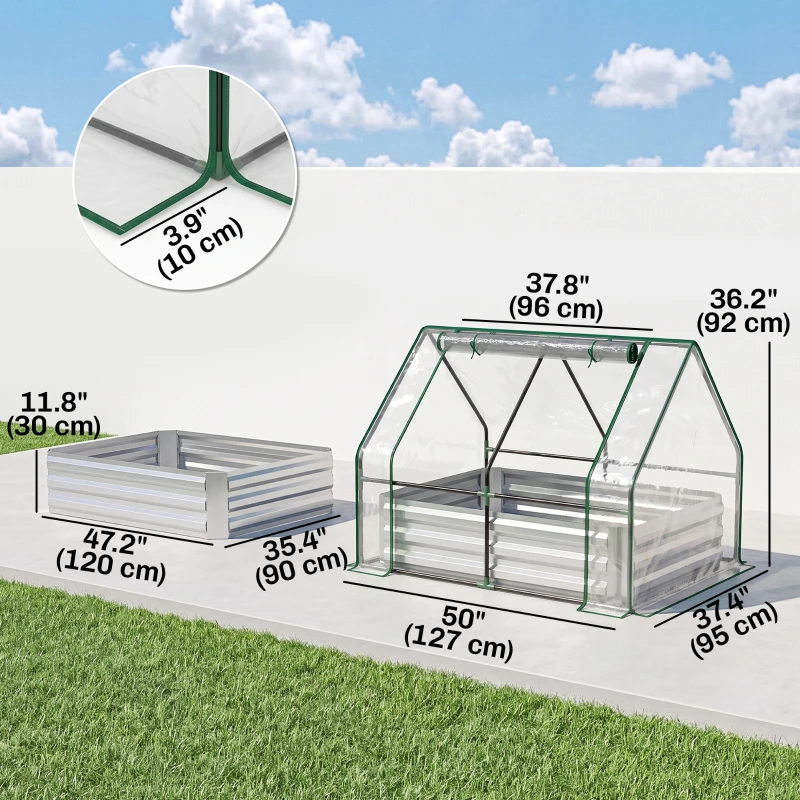 Outsunny Steel Raised Garden Bed with Cover and Roll Up Door, Dual Use, 50"x37.4" Outdoor Greenhouse, Clear