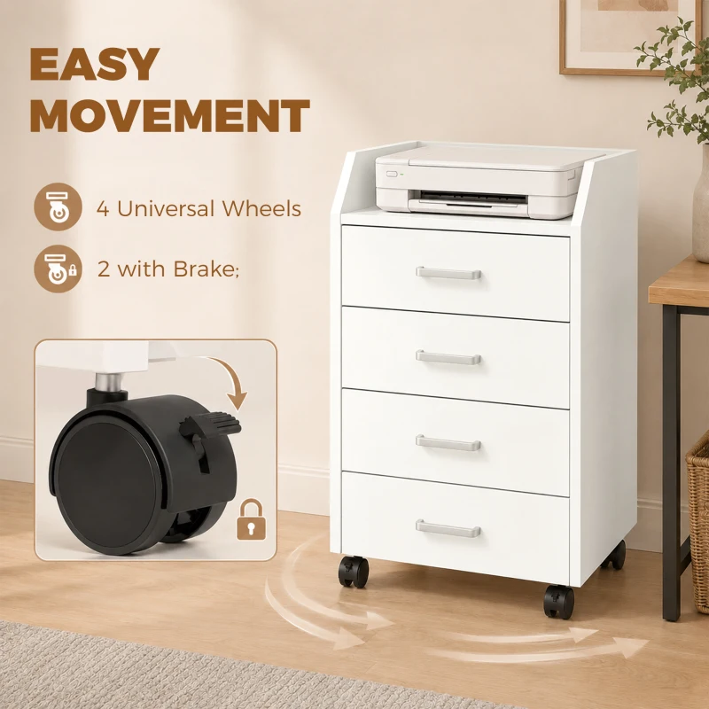 HOMCOM 4-Drawer Vertical Mobile Filing Cabinet, File Cabinet with Lockable Wheels for Home Office, White
