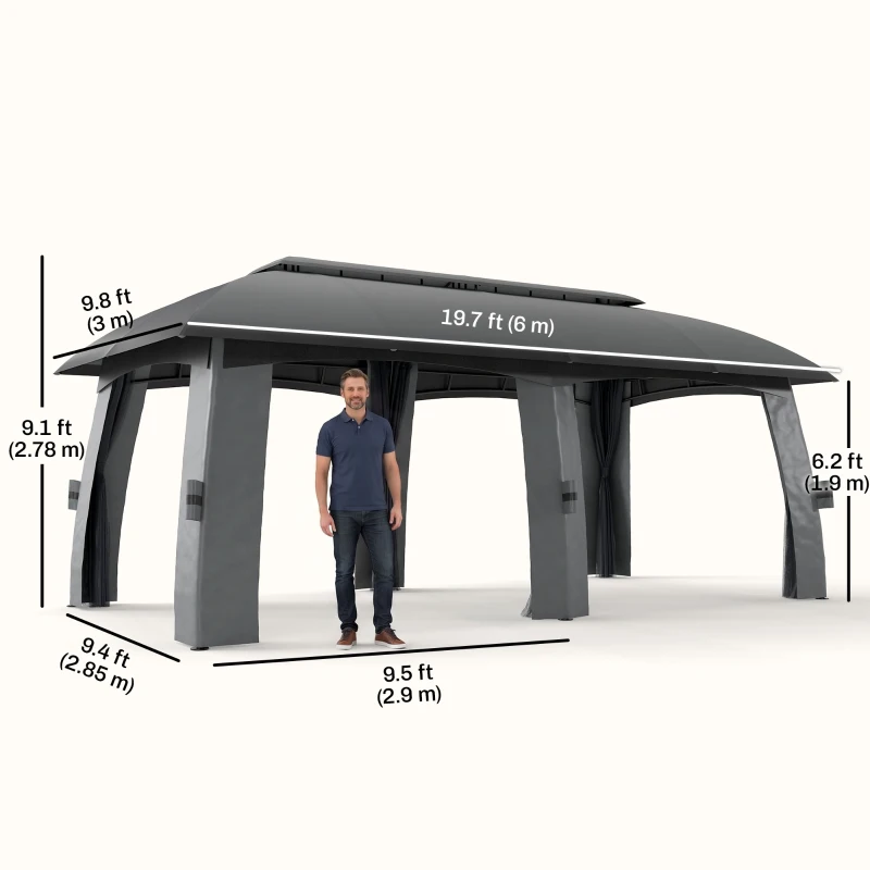 Outsunny 10' x 20' Patio Gazebo, Outdoor Gazebo Canopy Shelter with Netting, Vented Roof for Garden Dark Grey