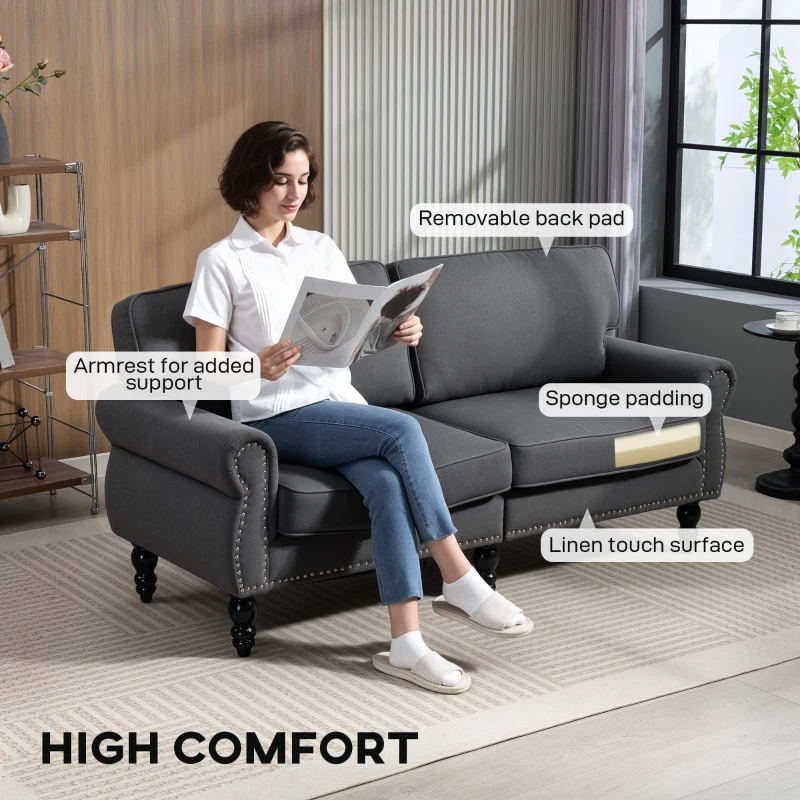 HOMCOM Stylish Midback Double Sofa with Sponge Padding, 2 Seater Sofa Couch, with Rubber Wood Leg, Dark Grey