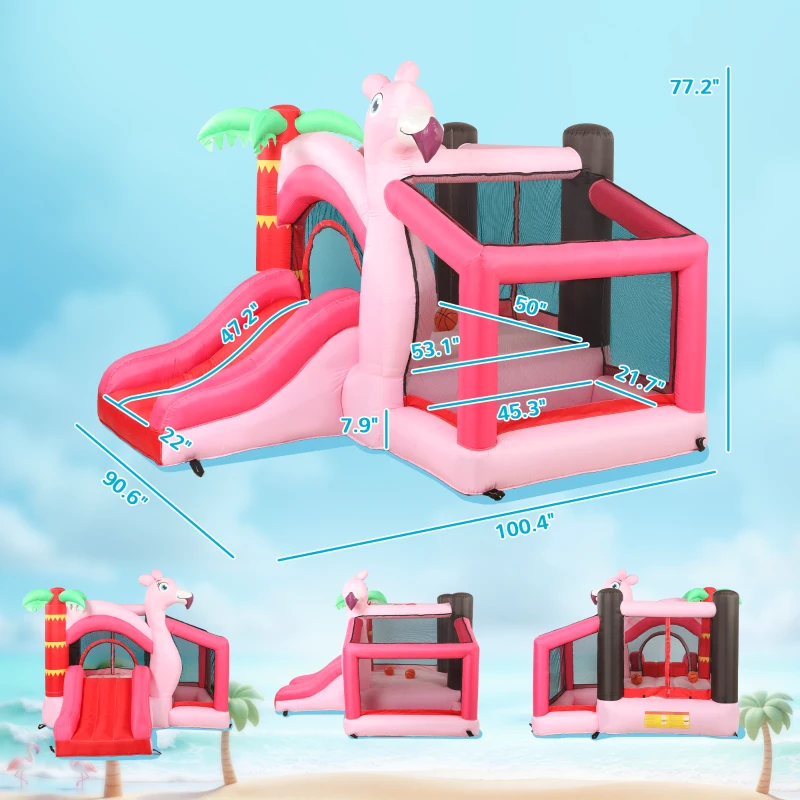 Qaba Inflatable Bounce House with Ball Pool, Basketball Hoop, Jumping Bouncy Castle with Blower for Indoor Outdoor, Pink