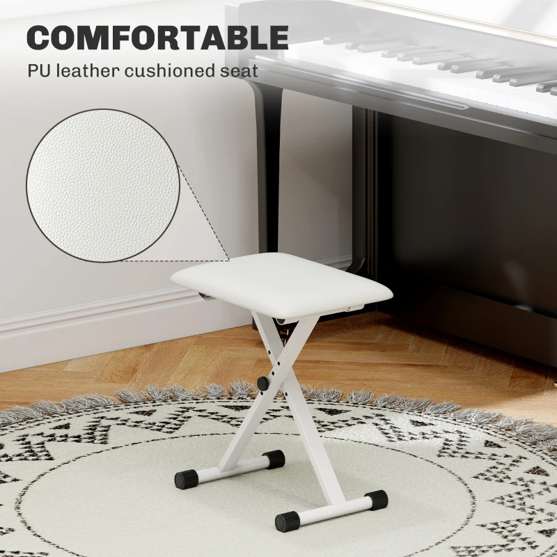 HOMCOM Adjustable Piano Bench, X-Style Folding Piano Stool with Padded Seat, Non-Slip Rubber Feet, Keyboard Chair, White