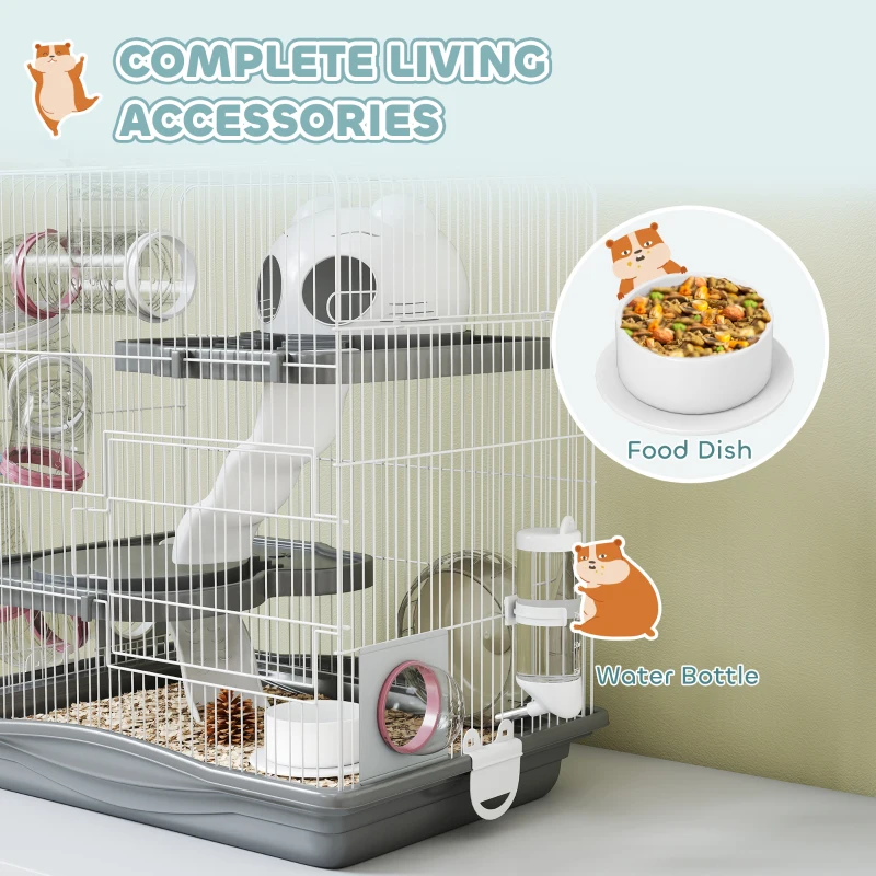 PawHut 3-Tier Hamster Cage, Portable Gerbil Cage with Exercise Wheels, Water Bottle, Food Dish, for Dwarf Hamsters, Mouse, Grey