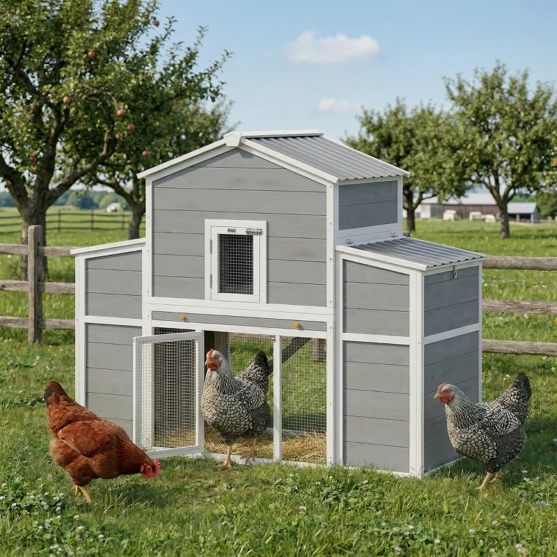 PawHut 66.5" Large Chicken Coop, Wooden Chicken House with 2 Nesting Boxes, Sliding Tray & Ramp, for Backyard Farm