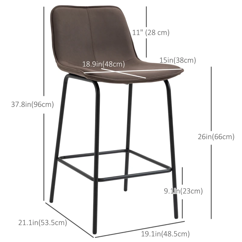 HOMCOM Bar Stools Set of 2, Upholstered Counter Height Bar Chairs, 26" (66 cm) Kitchen Stools with Steel Legs for Dining Area, Kitchen Aisle, Coffee