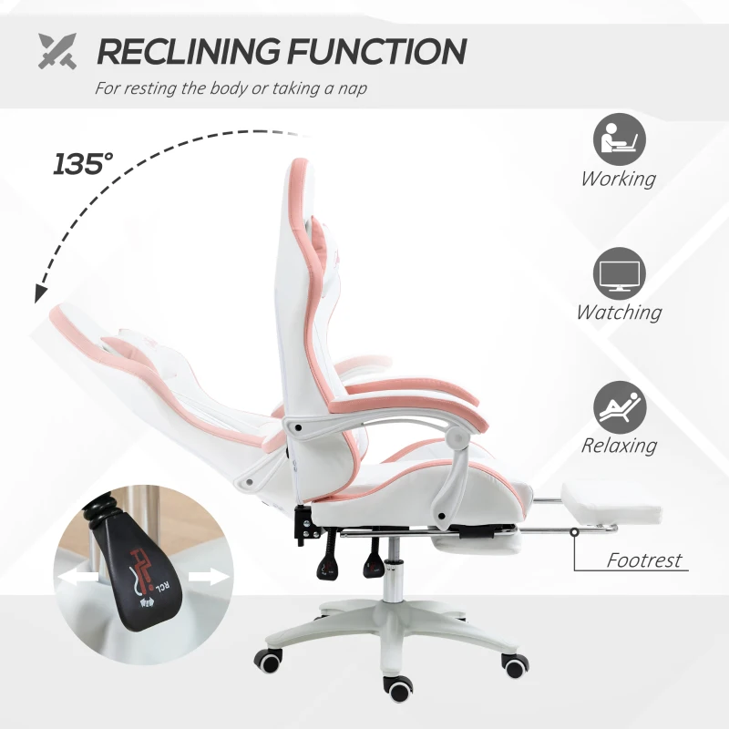 Vinsetto Computer Gaming Chair, PU Leather Office Desk Chair with Footrest, Swivel Wheels, 135° Reclining Back, White