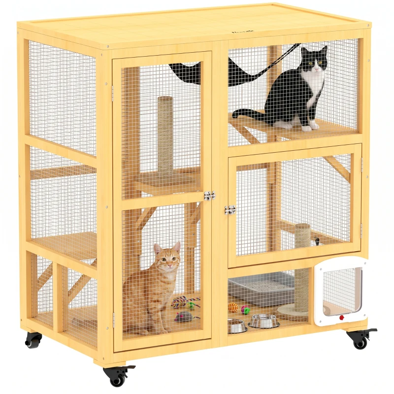 PawHut Cat Condo Wooden Indoor Cat House on Wheels with Cat Flap Door Platforms Hammock Openable Top for 2 Cats, Yellow