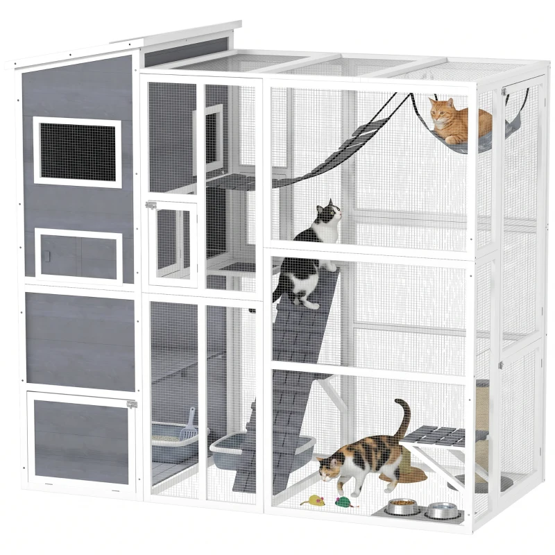 PawHut Large Wooden Catio Outdoor, Cat Enclosure w/ 4 Tier Resting Rooms, 3 Platforms, 1 Soft Ladder, 2 Ramps, 1 Hammock, Gray