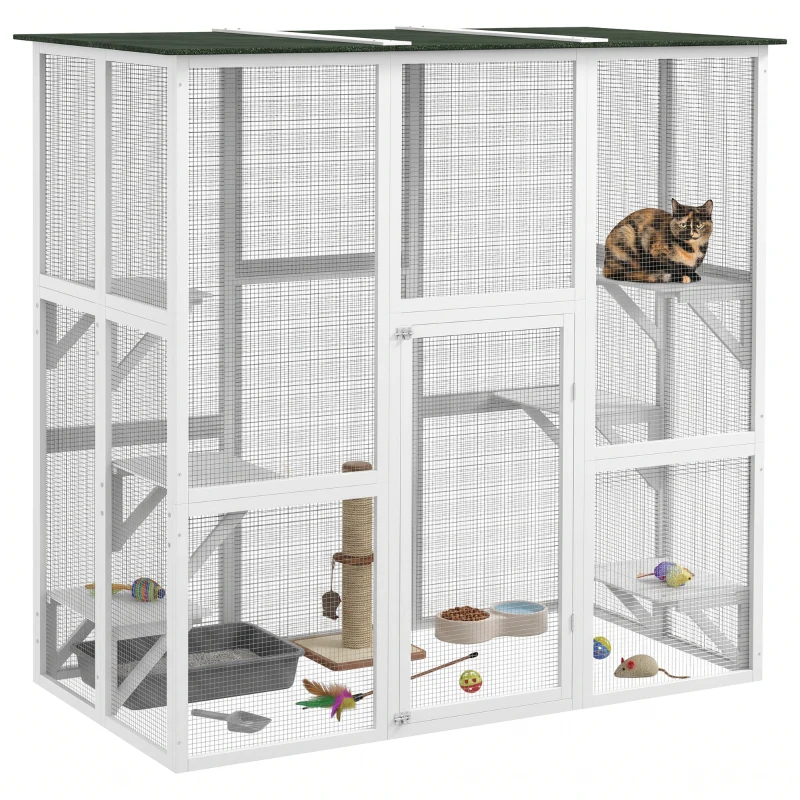 PawHut Large Outdoor Catio Enclosure, Wooden Cat Patio with 6 Balanced Platforms and Asphalt Roof, 70.9" x 38.6" x 70.9", White
