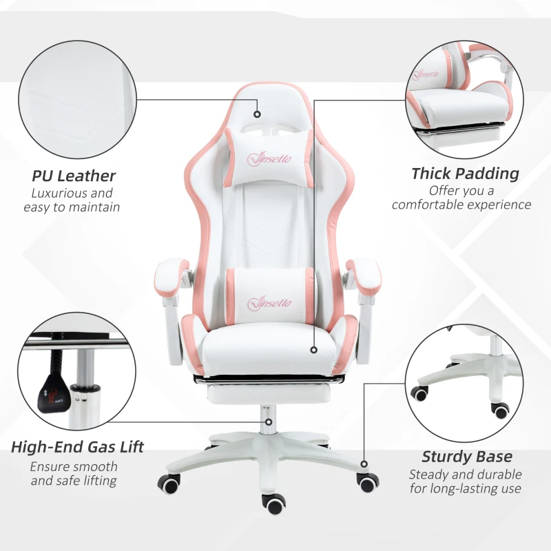 Vinsetto Computer Gaming Chair, PU Leather Office Desk Chair with Footrest, Swivel Wheels, 135° Reclining Back, White