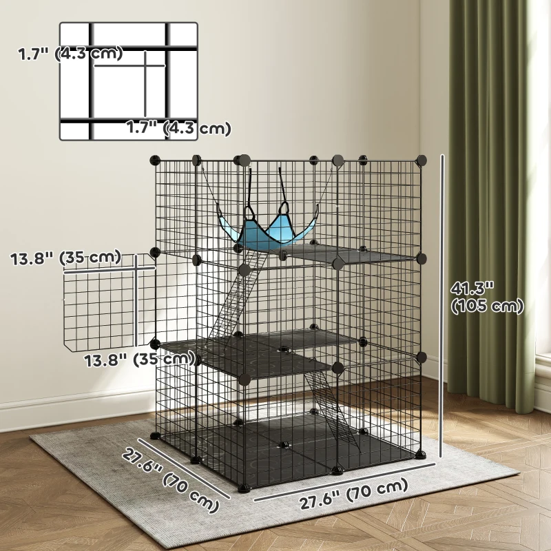 PawHut 3 Tier Cat Cage Crate, DIY Pet Playpen with 3 Doors, Ladders, Hammock, Platforms, Indoor Playpen for Kittens, Black